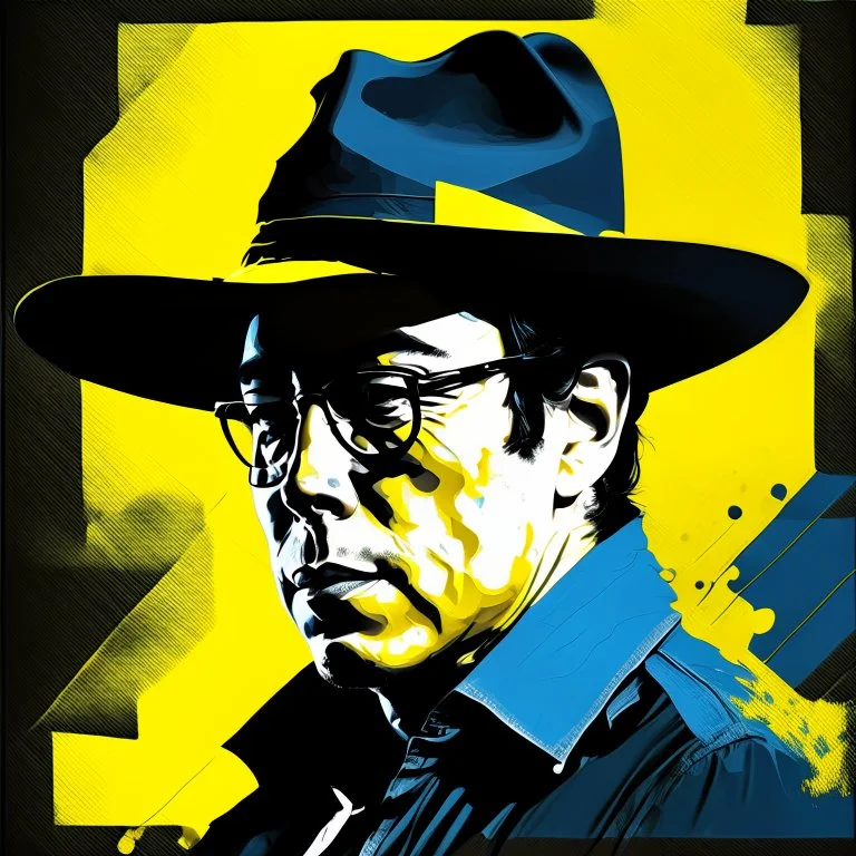 Gustavo Petro, comic style artwork, dark yellow, black and blue, wearing a wide-brimmed hat, wearing a white shirt, calm ando serious