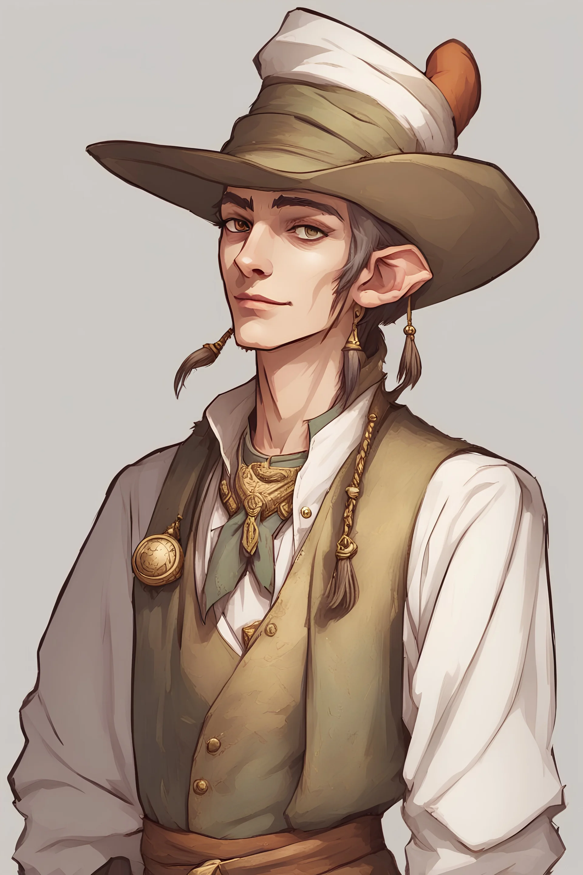 An extremely skinny DnD half elf dressed as a rich merchant