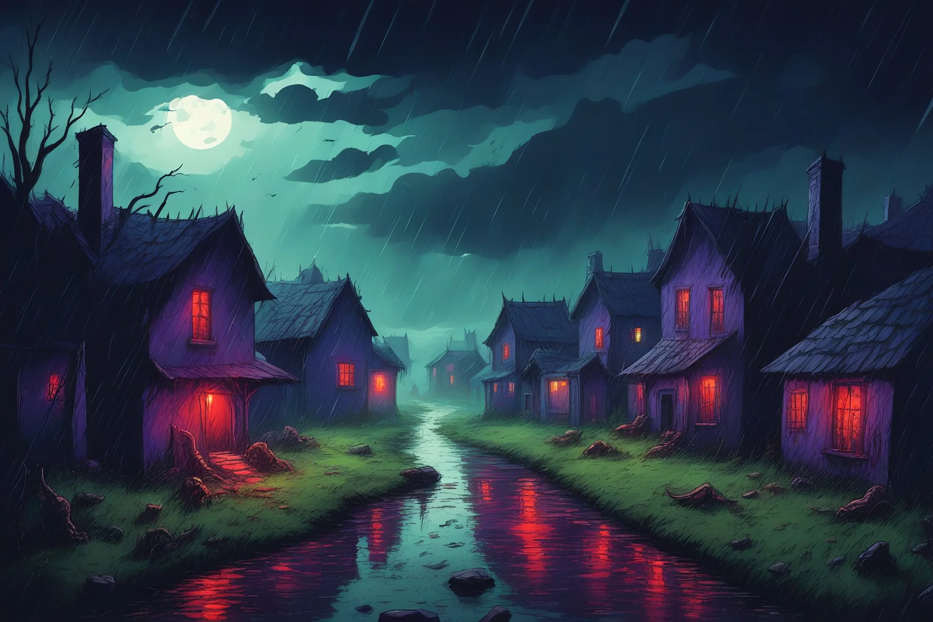 heavy rain rural village with tall houses of stone with dim lights in full night, with far away monsters, epic , fear mood , perspective angular distorted fantasy , alone in the dark comic style , small acid green detail and dark blue purple scene , with red eyes zombies in the dark , horror clouds in sky