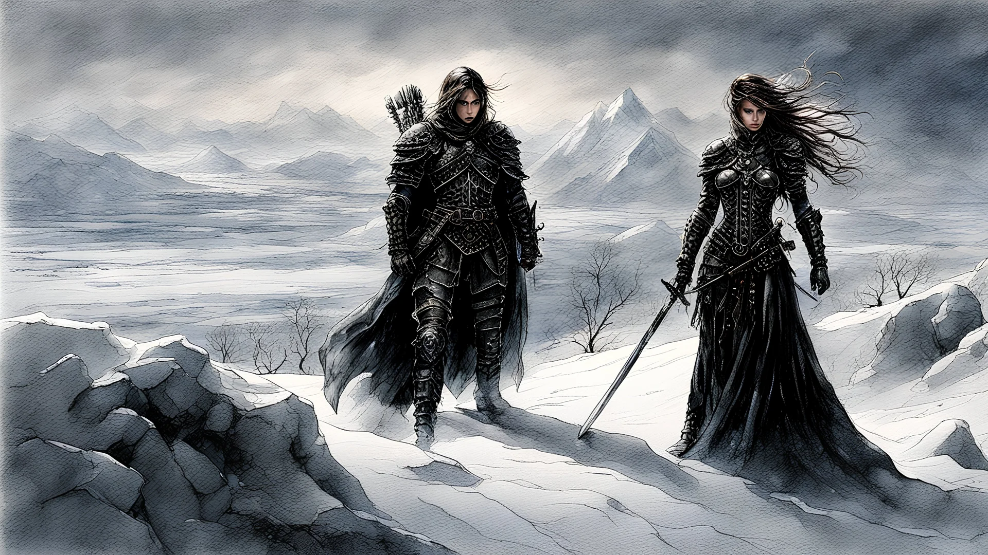 Hyper-photorealistic watercolor art style by Luis Royo , a warrior woman in black armor on the background of a cold snow-covered country, ice and crystal, frost and snow, hyperdetailed face, full body diagonal shot, encounters male bandits in dark fantasy countryside setting, absence of mysterious elements, dramatic lighting, ultrafine detail, octane rendering., by