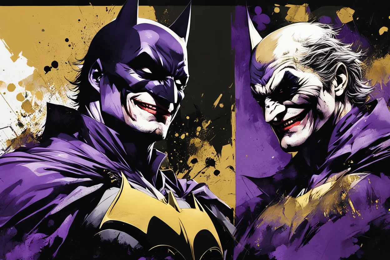 poster in two gradually, a one side Batman darkrpurple tones, and other side Joker gold tones, painting by Yoji Shinkawa,