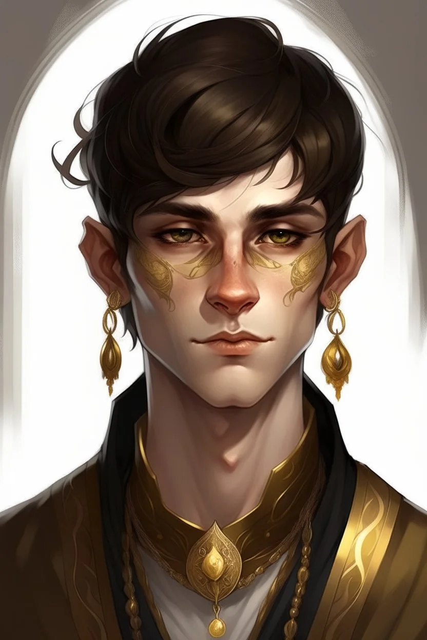 a wealthy half-elf young man with pointy ears and gold sclera eyes, wears lots of jewelry