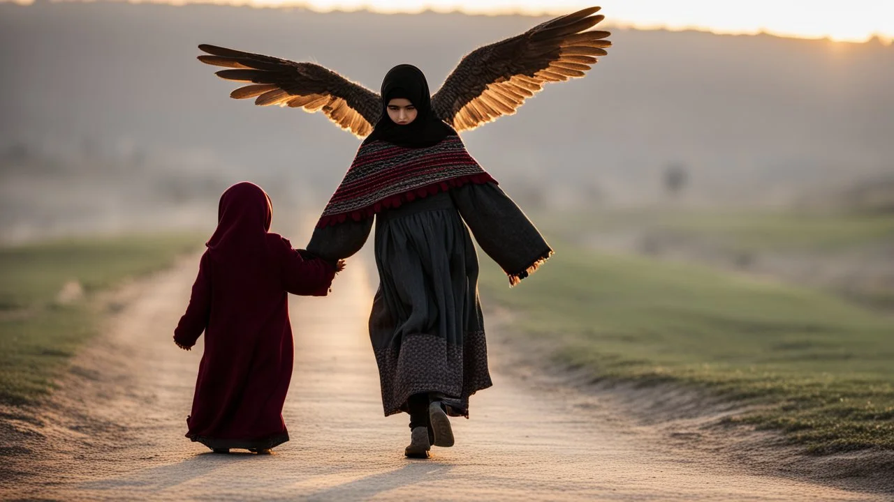 A Palestinian girl have tow wings wearing an old dress in gaza during sunset in winter.