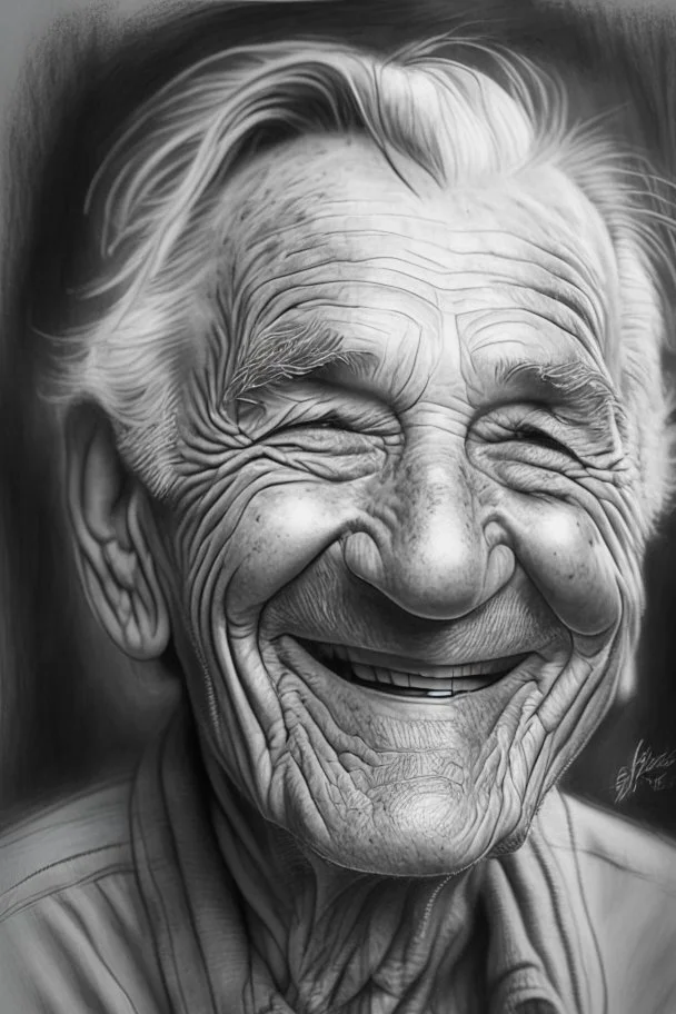 drawing, portrait, old, old, wrinkles, features, smiling, white, lead, charcoal