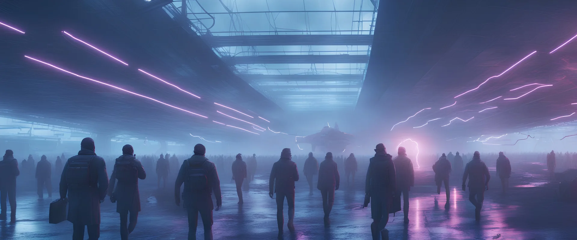 a lot of secret agents on abandoned open air airport, hyperrealistic 16k, 3d rendering, expressively detailed, dynamic lightning, rainy day, secret organization, cyberpunk, neon-light,