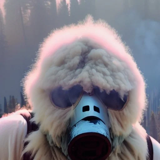 subject = (Yeti in a mask) background = (wildfires, mountains, fires, smoke, disaster)