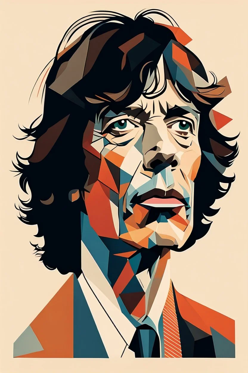 a highly detailed, abstract flat geometric 3/4 profile portrait illustration of Mick Jagger in the minimalist style of Willi Baumeister, Federico Babina and Petros Afshar, sharply detailed and finely lined, in vibrant natural colors