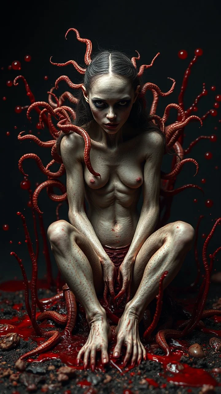 Petit weird woman with many worms from his body, sit pose, fullbody, splashes blood, behind guts rising from the ground, darkred tones, macro photography,