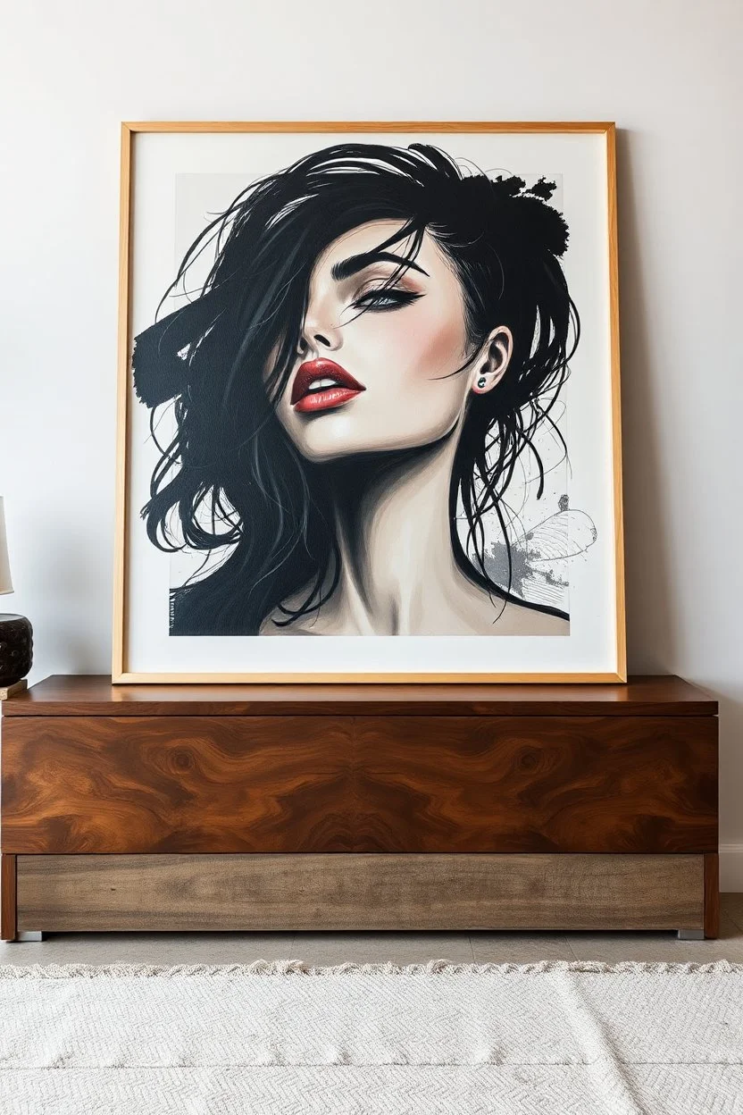 A beautiful young women painted with black abstract painting in side a large modern picture frame