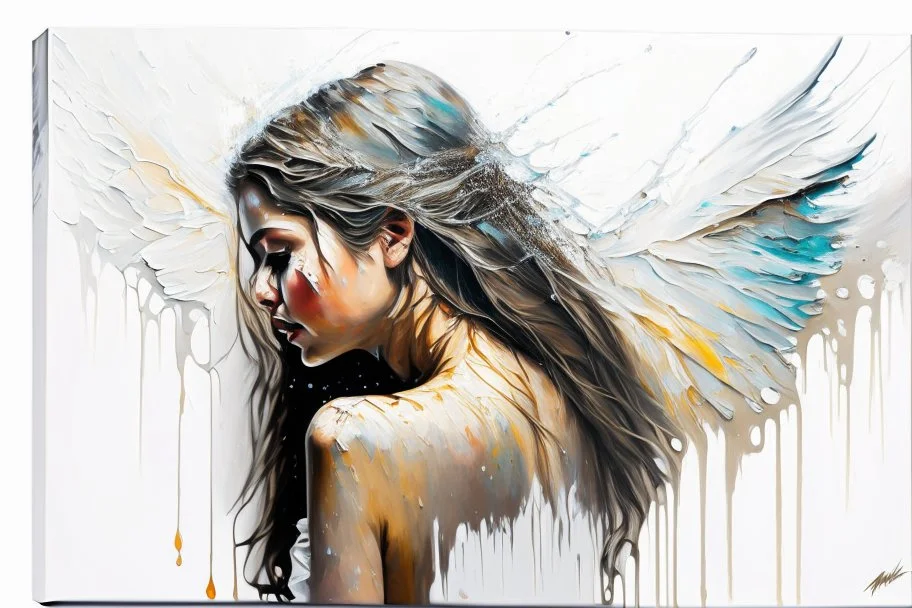 A detailed illustration of a beautiful young female human with growing out of her back. Her skin, hair and face are all made of paint. Her wings are spread. Highly detailed flawless facial features and eyes. Abstract Oil painting splash art. White background, wide angle, abstract design, beautiful, thick flowing paint strokes, dripping paint, fantasy art, modern art, ((soft happy complimentary colors,)) modern aesthetic, focused on the character, 4K resolution.