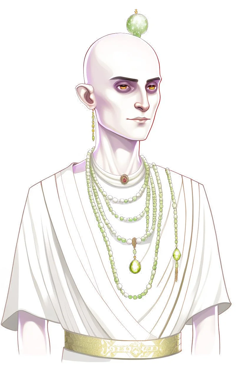 full length, gangly, 22-year old, shaved head, grey-eyed female human cleric with a beaded necklace