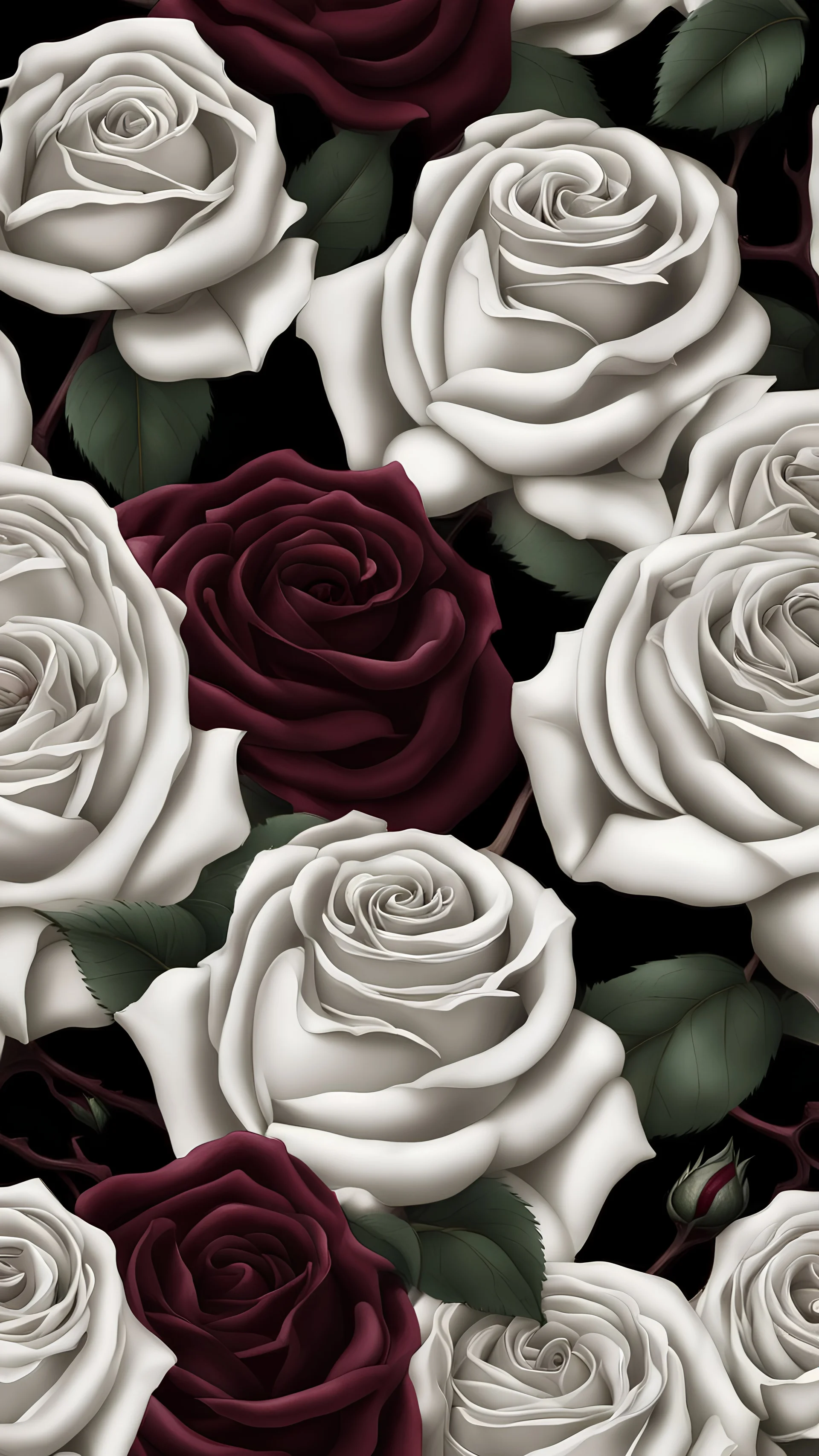 burgundy white roses with black leaves covered with dew drop, cold, dark, gloomy, gothic