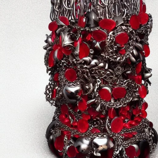 fantasy, digital art, long metal cylinder, object, chain, metallic, dark metal, ruby encrustations, massive, engravings