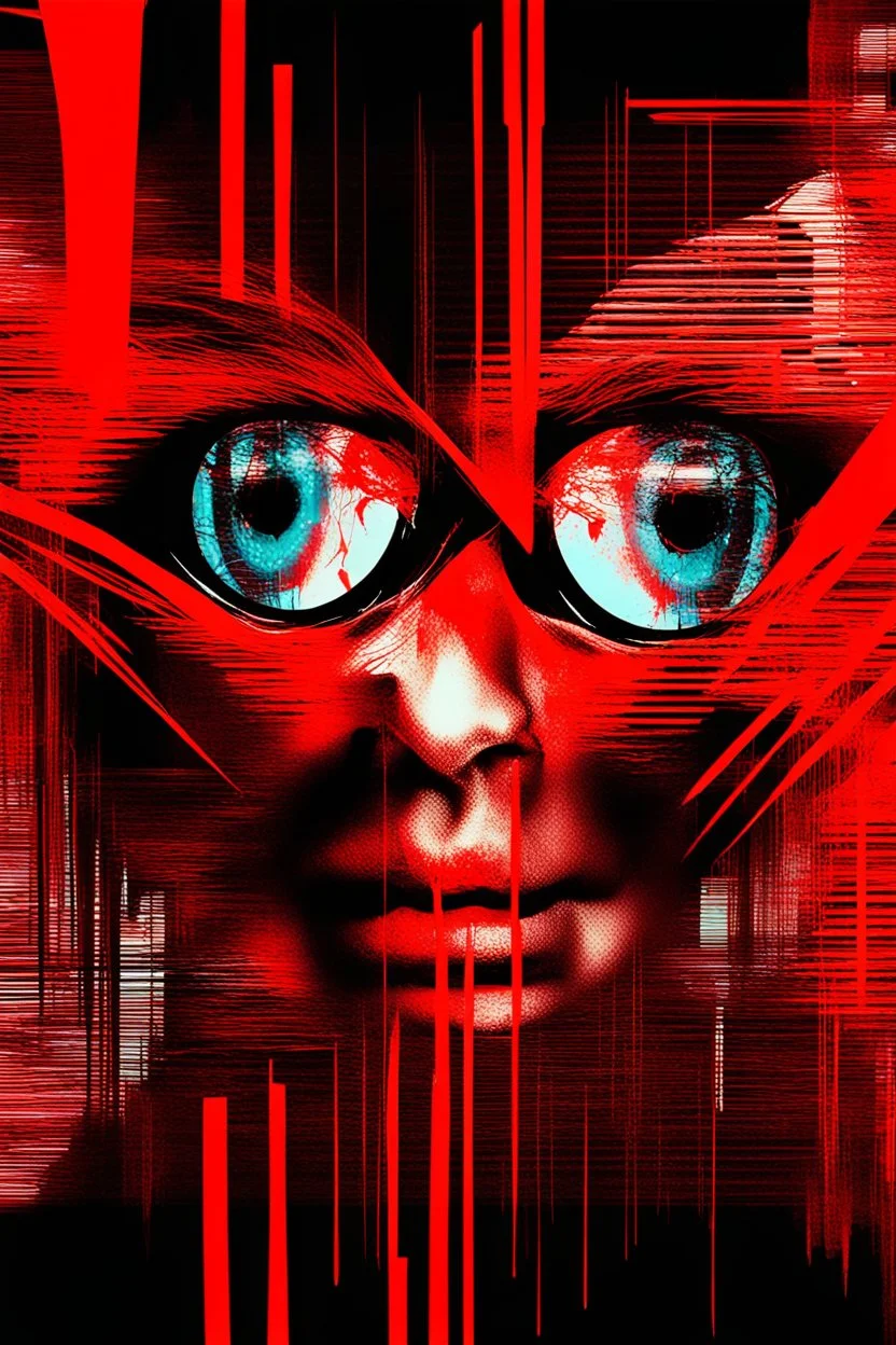 skip skip skip vs art jux tox, arafed abstract red patterns, cyberpunk juxtapositions parallel with arafed probabilities, no outlines, 2D photography, glitch pattern background, eye closed, eye reduced to single line, slight smile, dramatic, dynamic, tilt dynamism, double exposure, negative space, liminal space, tint leaks, glitch fragments, scream vibe, caffeine vibe