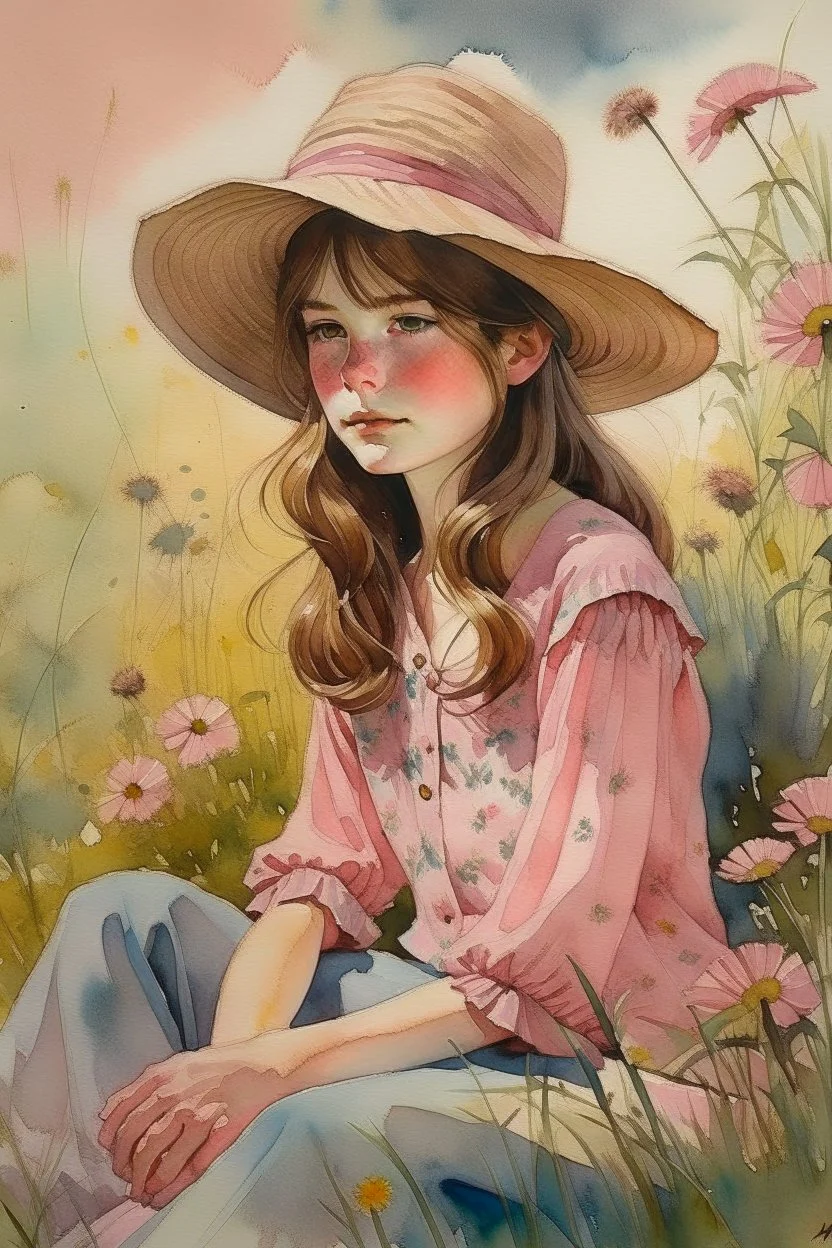 P: a young old-time cowgirl sitting in wildflowers and tall grasses, peaceful vision, wisps of hair around her face, straw hat, pink floral dress, muted colors, soft watercolor