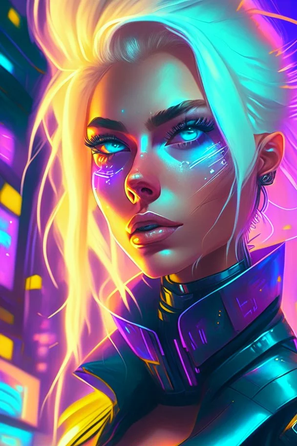 a blonde&ash haired supermodel heterochromia eyes, in a futuristic scifi city, high fashion, Neon lighting, cyberpunk, Highly detailed, Digital painting, Artstation, Sharp focus, art by loish and artgerm and greg ruthkowski and chris ryniak and simon stalenhag.