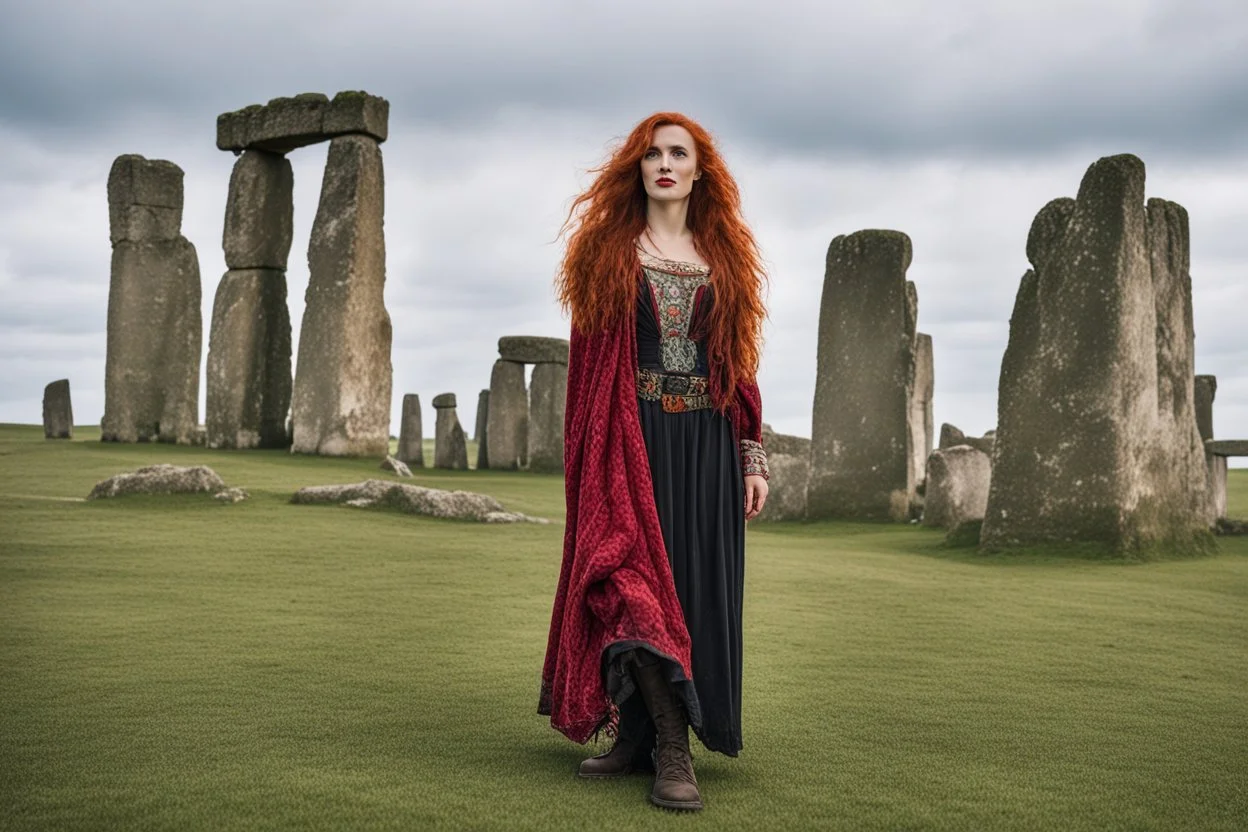 A tall slim red-headed young woman, dressed like a gipsy, standing in front of Stonehenge