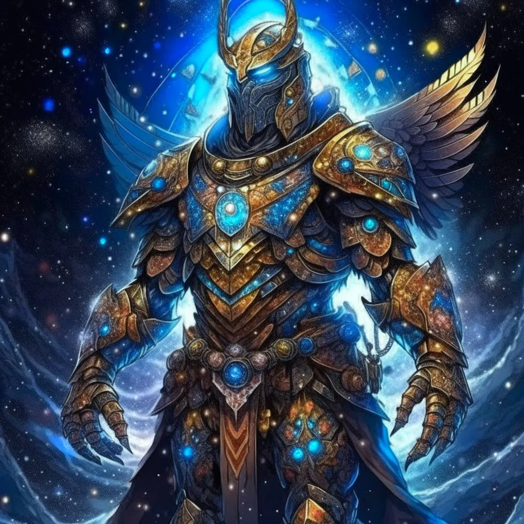 A battle suit made of galaxies and stars with a glove that has seven endless stones,A god-like man with infinite power who owns the galaxies,God-like man with infinite power who owns the galaxies and wears a beautiful crown, a jewel of diamonds and galaxies with weapons riding on a creature with an eagle head and eagle wings and eagle hands