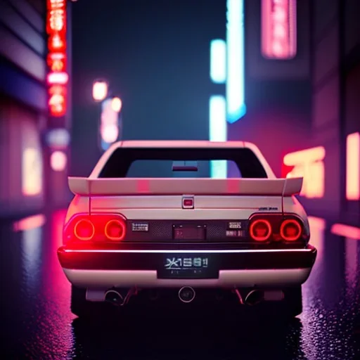 nissan skyline r34; tokyo; realistic; rain; neon signs