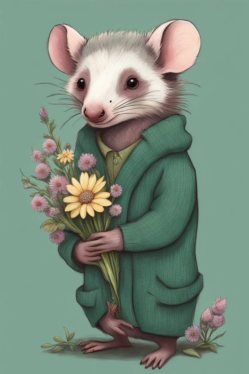 Green opossum wearing cardigan holding a bouquet of wildflowers cute art