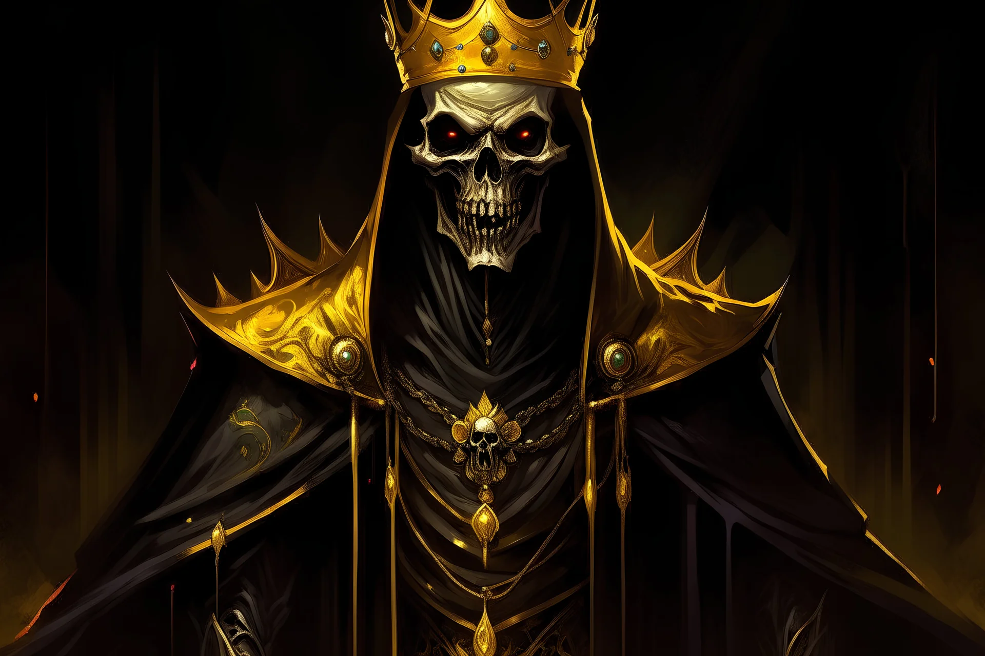 The Under-King a character described as being ten feet tall, adorning rich, black velvet robes that drape to the ground, and shadows following him wherever he goes. His face is noted to be similar to a desiccated corpse, half-rotted and crowned with gold and jewels. He also has a lipless mouth with brown teeth, and milky lidless eyes in 8k solo leveling shadow artstyle, machine them, close picture, rain, in