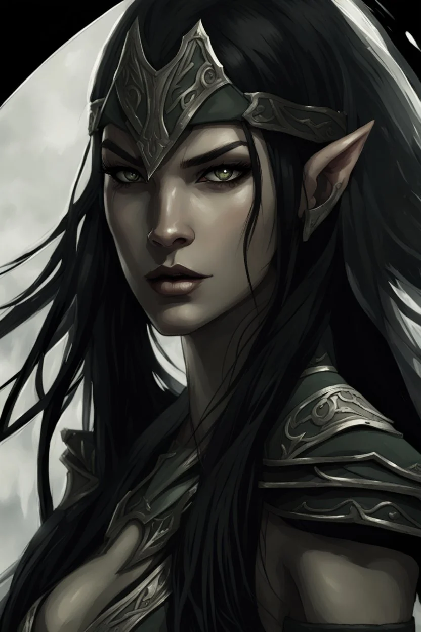 SA female elf with skin the color of storm clouds, deep grey, stands ready for battle. Her long black hair flows behind her like a shadow, while her eyes gleam with a fierce silver light. Despite the grim set of her mouth, there's a undeniable beauty in her fierce countenance. She's been in a fight, evidenced by the ragged state of her leather armor and the red cape that's seen better days, edges frayed and torn. In her hands, she grips two daggers, add dark shadow mystic purple flames