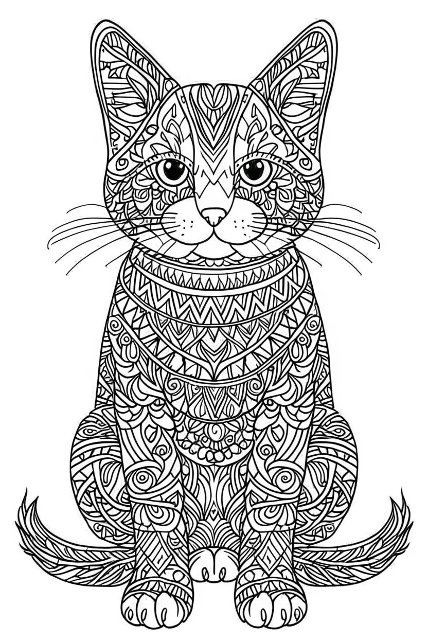 A simple coloring book page drawing with only thick black lines on a white background of a full length body of a kitten mandala of the cat breed PAMPAS CAT in the Pop Art style. No shading. No gray. No shadows. No color. This coloring book page would appeal to children aged sixteen through adults and have clean lines for a design that is easy to color. Style raw. Aspect ratio 9:11