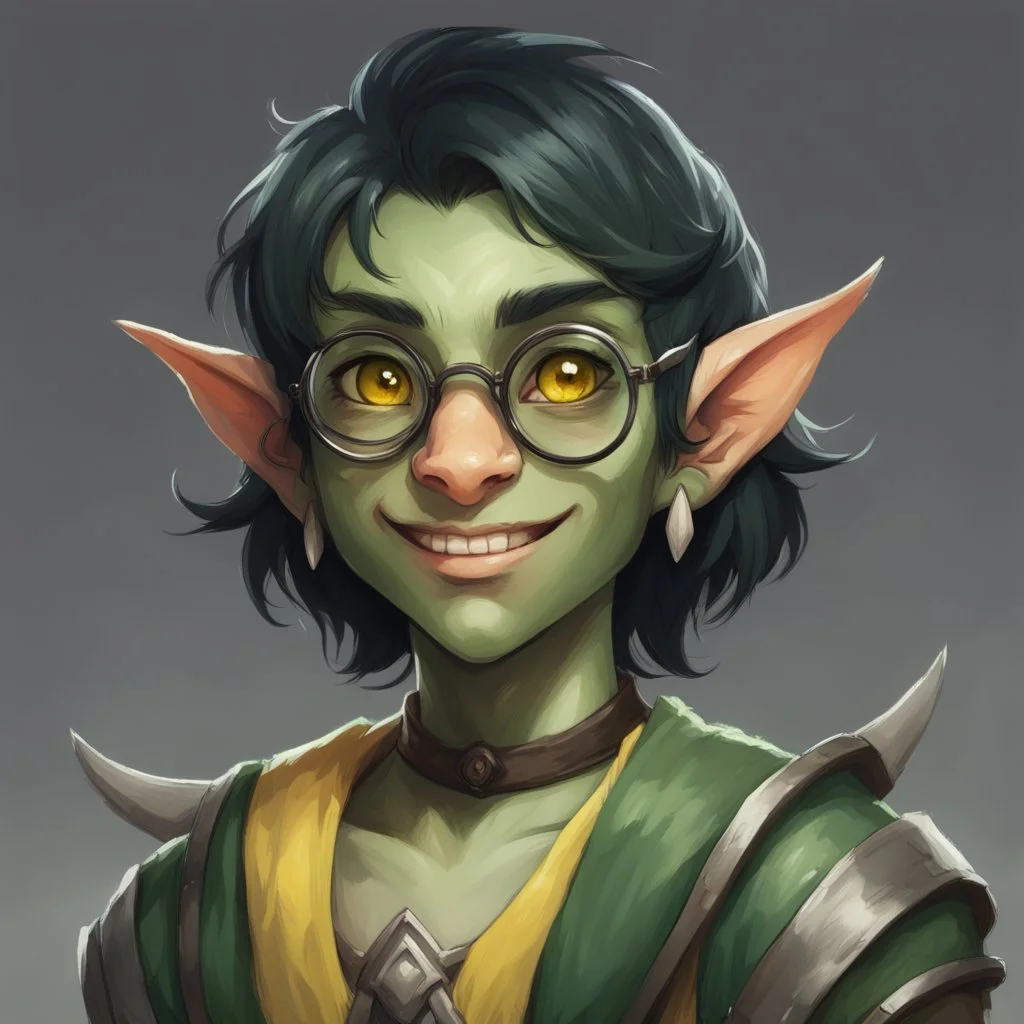 dnd, portrait of cute young orc-elf femboy, black hair, short hair, curled hair, hair covering one eye, emo hair, round glasses, tusks, sharp teeth, yellow eyes, flat chest, mage, magic, nose ring, twink, smile, sharp teeth, all green skin, round face, small nose, shy expression, green ears, green lips, green nose, petite