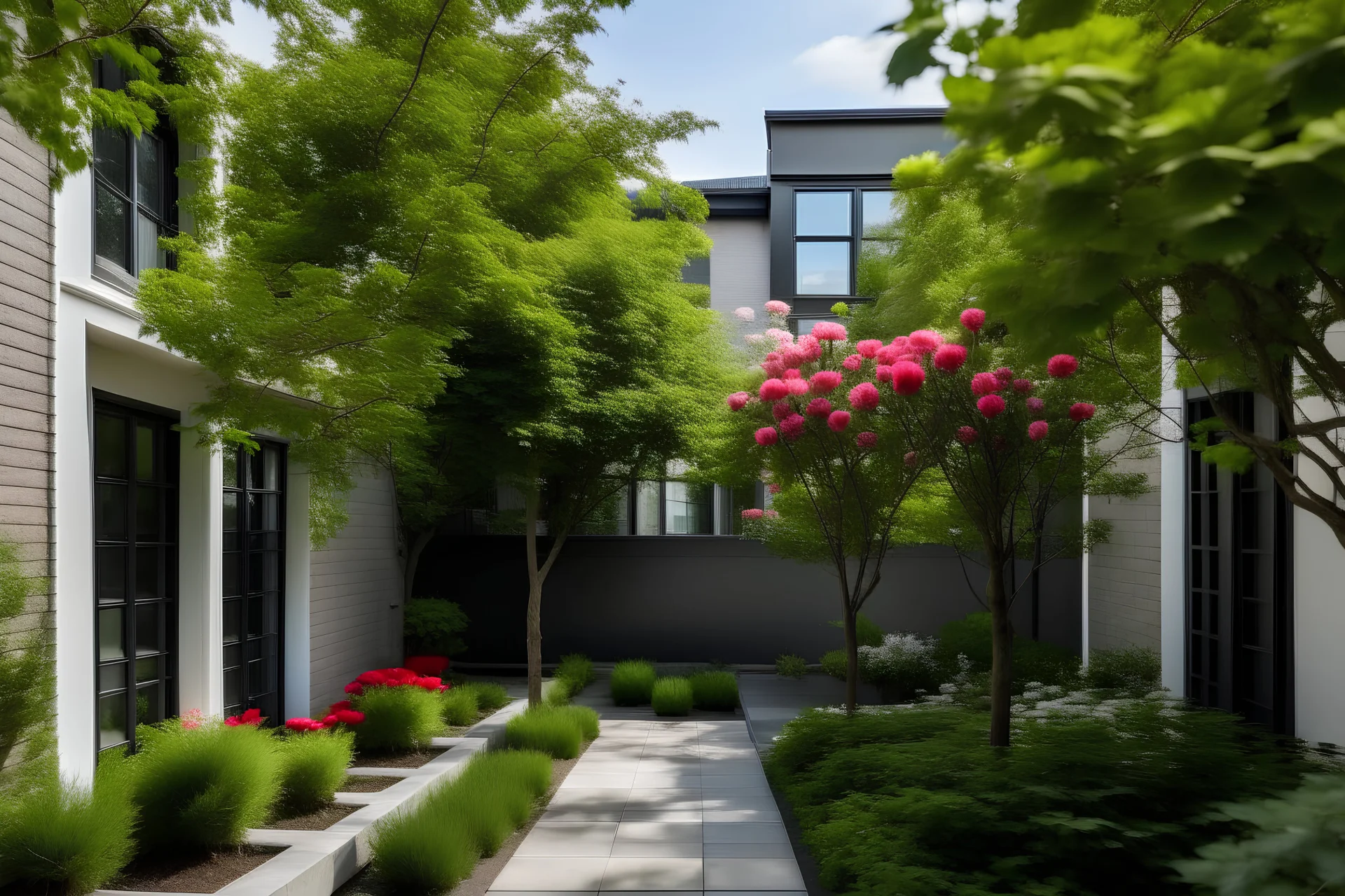 townhouse modern backyard with trees and roses