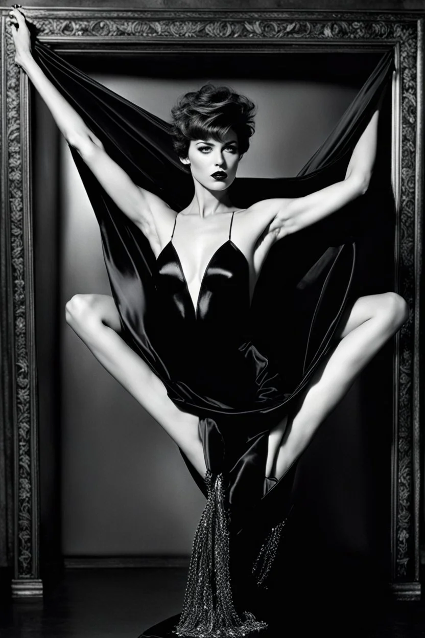 God, short-haired attractive woman, glamour medium format photography, imperfections, weirdness, 18-years old, best boo bs ever, helmut newton's fantasy, female perfection, godess, lustful dream model, eva-costume, black studio background, 1990's, bilitis, tendres cousines, david hamilton, dancer, crazy horse paris, b&w photo