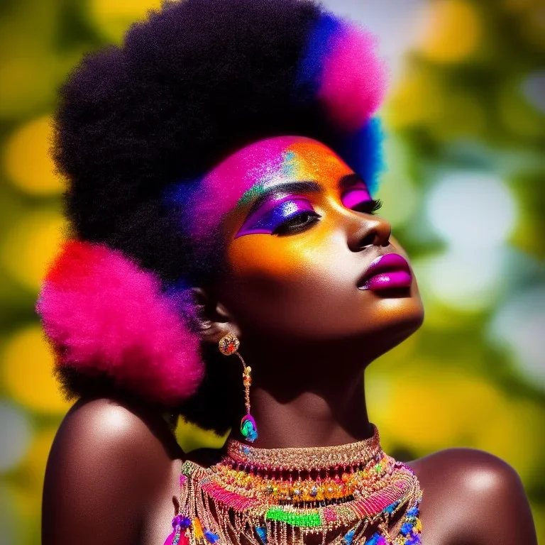 full body shot, masterpiece, best quality, family of three, dark skinned, sparkling eyes, fluorescent skin, colorful makeup, afro, highly detailed body, sun light, 4K, RAW, depth of field, high contrast, realistic details, 24mm