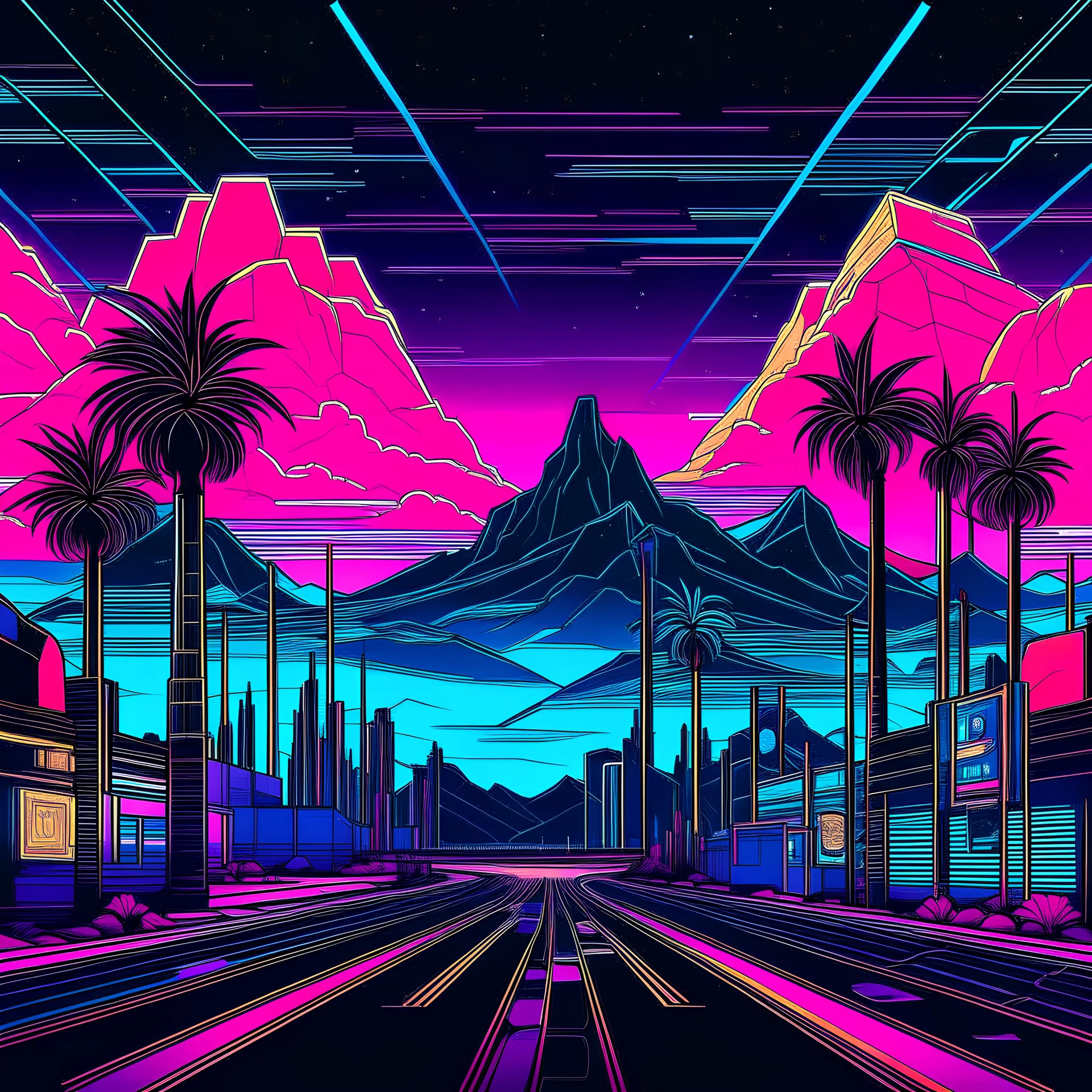 1980 las vegas night synthwave drawing