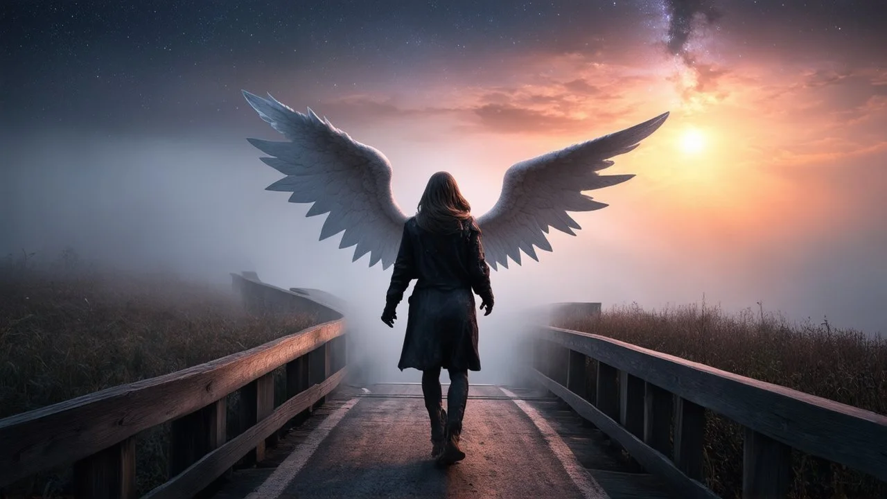 walking straight ahead over a wooden bridge, holding the angel of death with your right hand, entering the fog at the end of the road that leads to the afterlife, and a beautiful sunset and galaxy's behind the fog, realistic