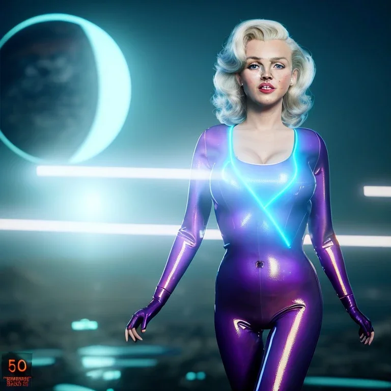 Realistic movie image, retro sci-fi, portrait, blonde action woman, sweet Marylin Monroe face, perfect iris, glow eyes. tight latex tights suit. strange planet, ovni, two moons. epic style, vibrant color, highly detailed, unreal engine 5, ray tracing, RTX, lumen lighting, ultra detail, volumetric lighting, 3d, finely drawn, high definition, high resolution.