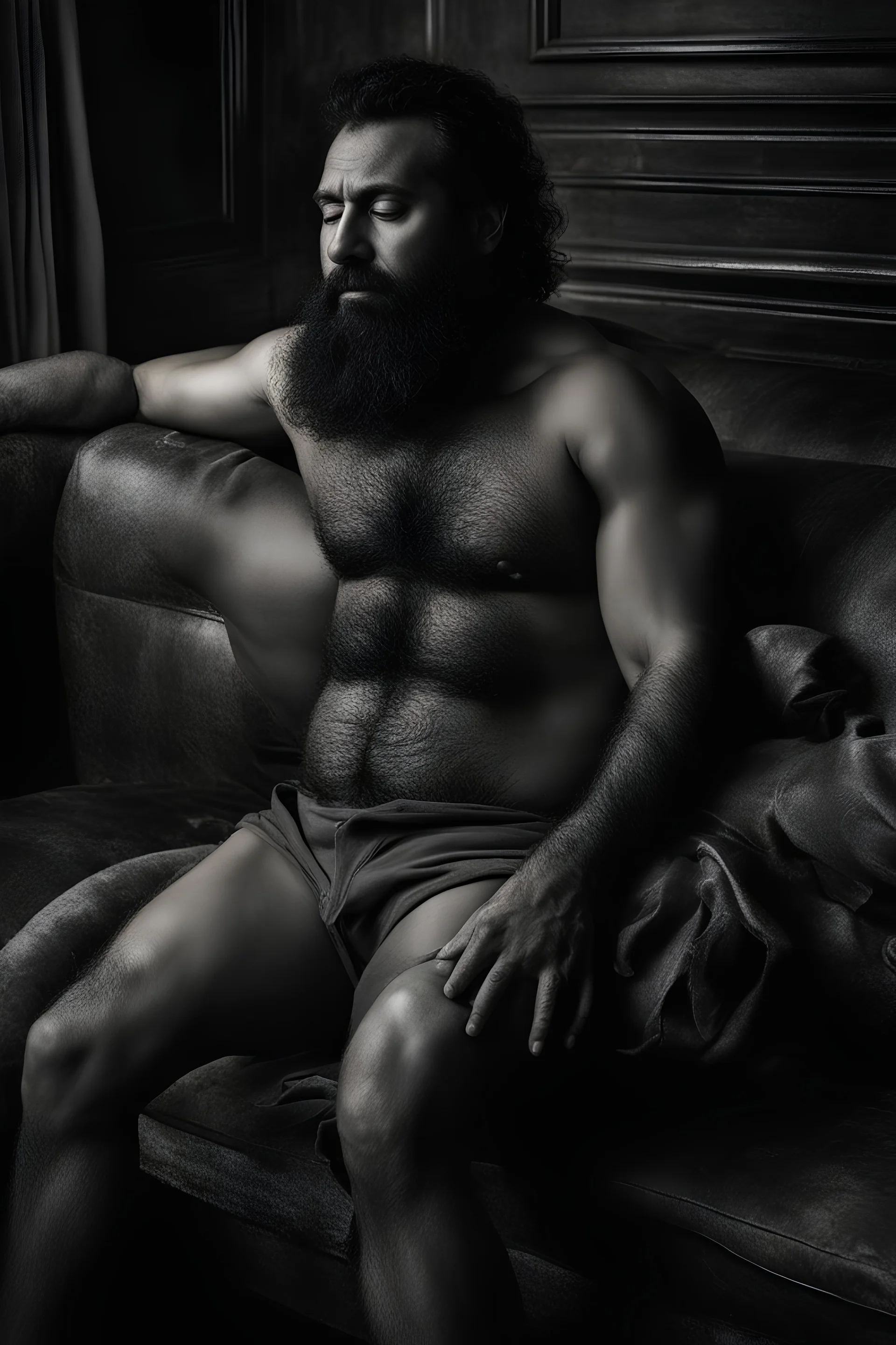 photorealistic, photography, full figure shot, an hairy men sleeping over an old sofa, hands behind the neck, Realistic photography, well defined facial features, strong muscular chubby sweat dirty arab, ugly , 38 years old , open legs, manly chest, big shoulders, manly torso, long beard, dirty ripped shorts , very dark living room, dim light, ambient occlusion, view angle from below, frontal view from the ground