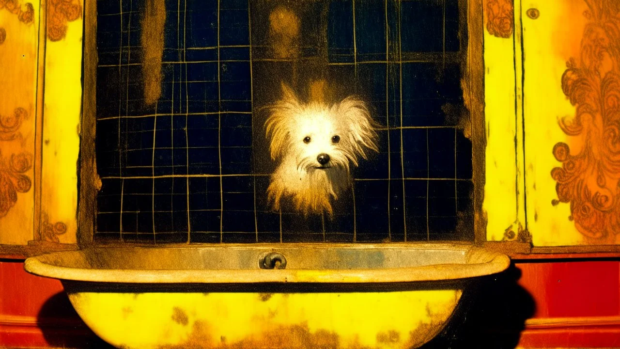 A playful white dog, with a fluffy coat, is comfortably seated in a vintage, checkered-floor bathtub. The tub is surrounded by a vibrant, colorful backdrop, creating a whimsical and cheerful atmosphere. The dog's eyes are filled with curiosity and contentment, as if enjoying a well-deserved bath time.