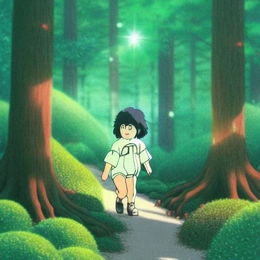 Ghibli, forêt, scintillant, très detaillé, créature mystérieuse, train