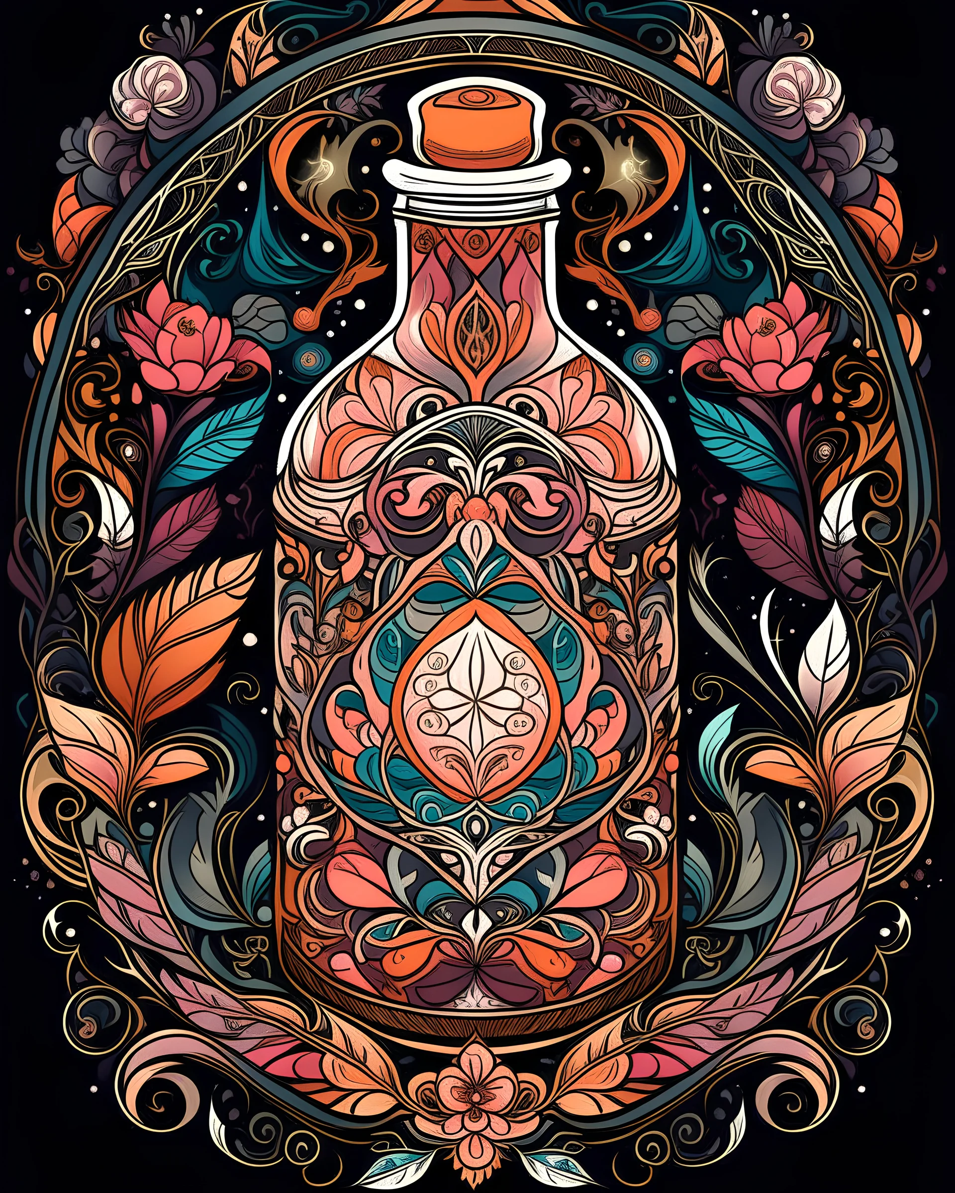 front cover book libro infantil, A majestic Witch Bottle Stained Glass illustration at the mandala's center, surrounded by intricate patterns and floral motifs. front book