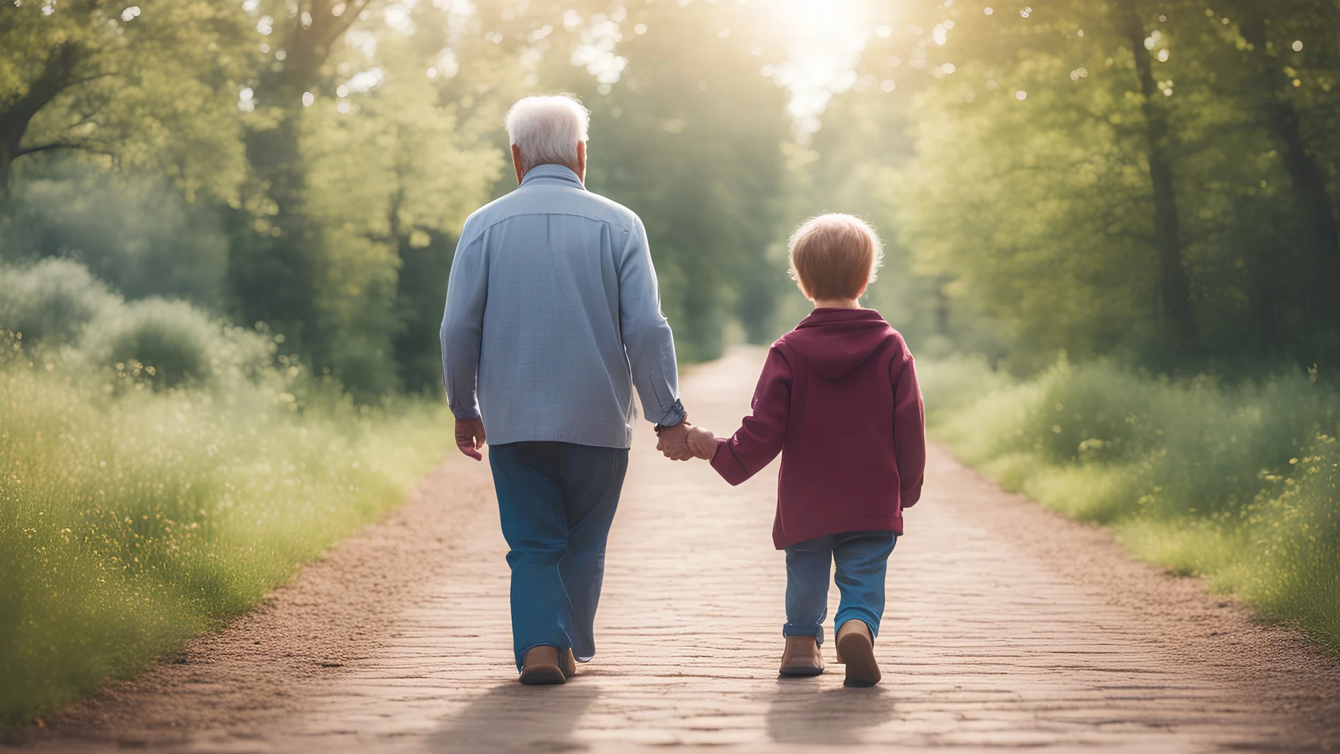 grandfather holding his grandchild's hand, walking on the path with his back turned