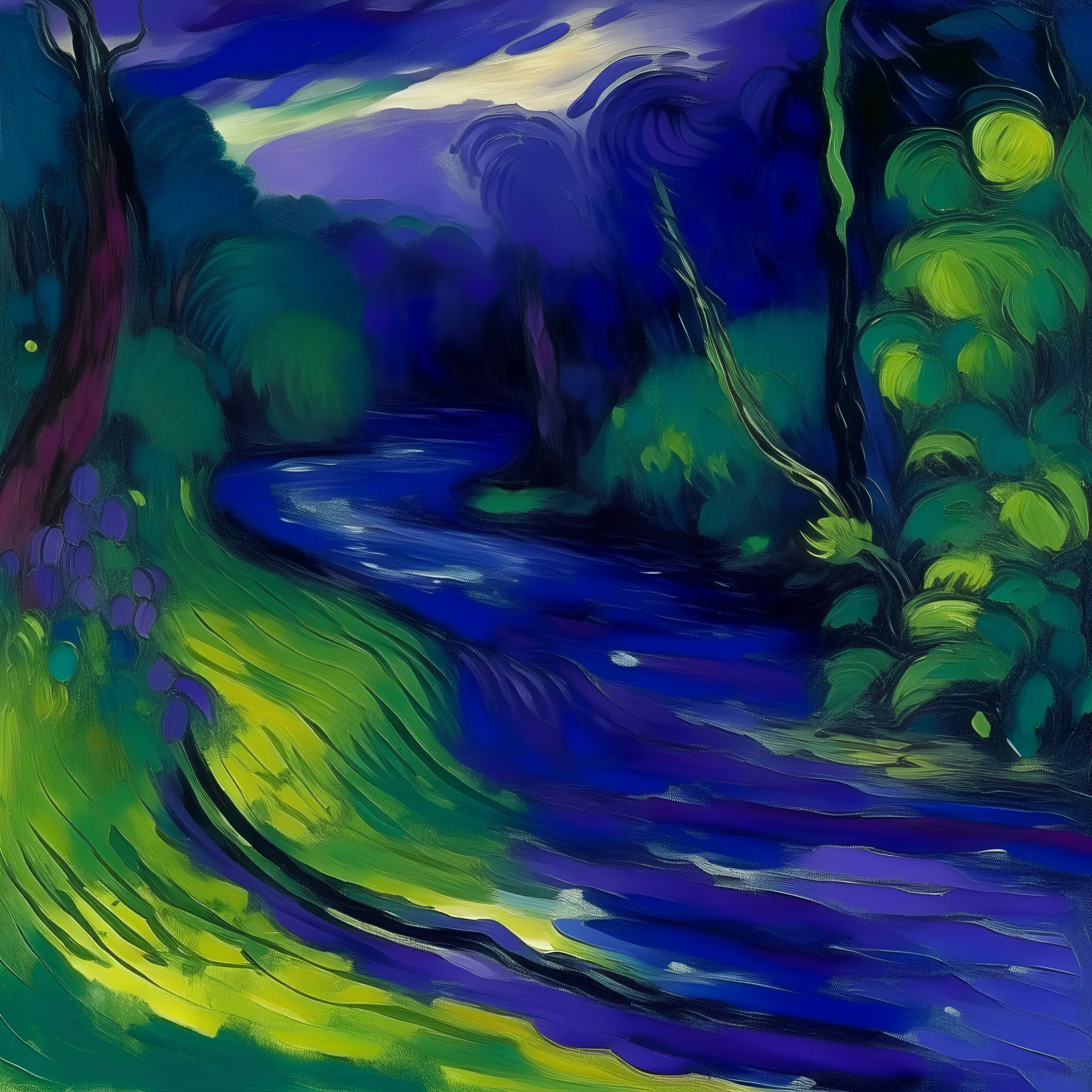 A purple jungle with a poisonous river painted by Claude Monet