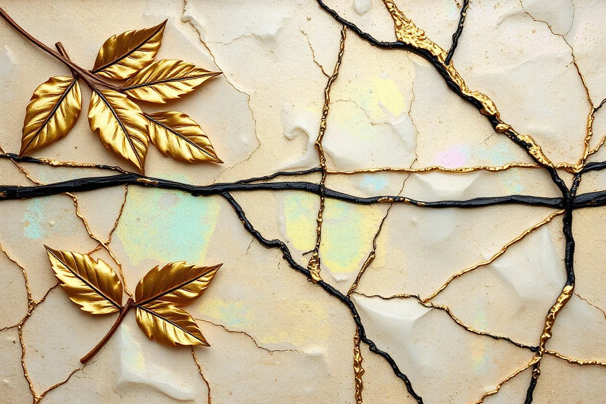 3D effect, shades, golden patina, corrosion, watercolour, pastel eggshell impasto effect, strong brush strokes, as if worked with a feather, iridescent pearl in the mud, leaves, 2 black and 2 gold lines, holographic marble backround, the cracks are golden