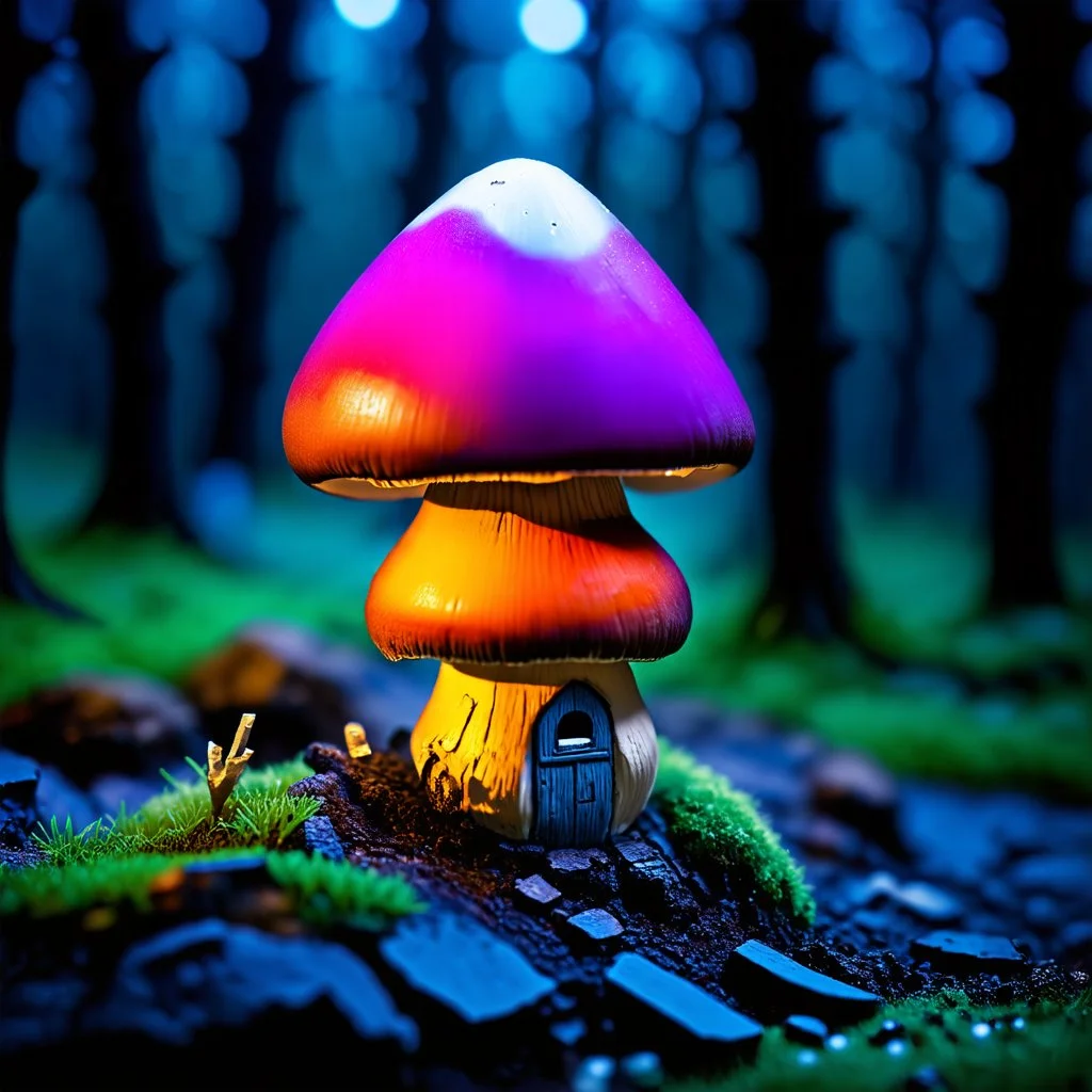 "Close up of a wonderful tiny Mushroom Tower home. Magenta and orange with bright white, deep black and contrasting tones of gray magenta and violet colors. Illuminated bioluminescent forest. Professional painter, master at composition. small but detailed. broken, blurred background, voluminous lighting"