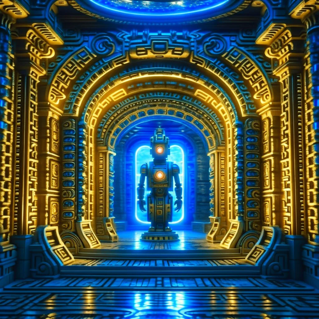 dorment ancient godlike chat robot in the style of escher, in front of teleporter portal to the sea in an underground grove, 8k, down-light, soft light, depth of field, photo realism, trending on art station, high detail