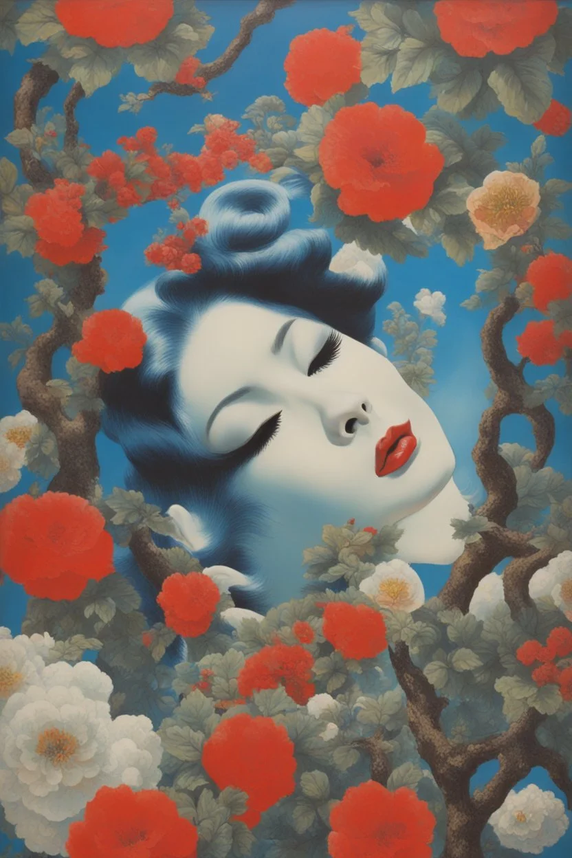 psycho art,cloud in blue sky, a red lip, collage art, shuji terayama, dreamy objects, surreal, criterion collection, showa era, intricate details, mirrormugshot, Planet of the Apes, blue, large, floral designs, atmospheric, beautiful, China Doll, oil painting by Frank Frazetta