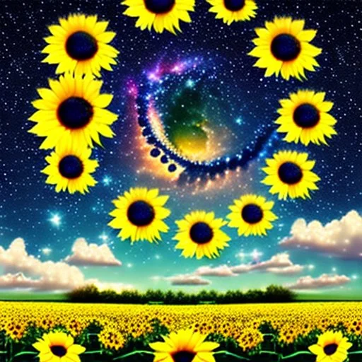 above a field of sunflowers the Milky Way curves in a summer sky digital art