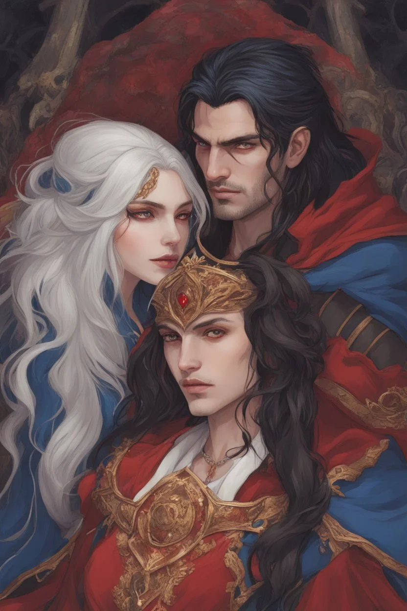 A couple from the dnd game curse of Strahd. The woman has long white hair and blue eyes, the man has LONG BLACK hair and red eyes, no facial hair. KISSING