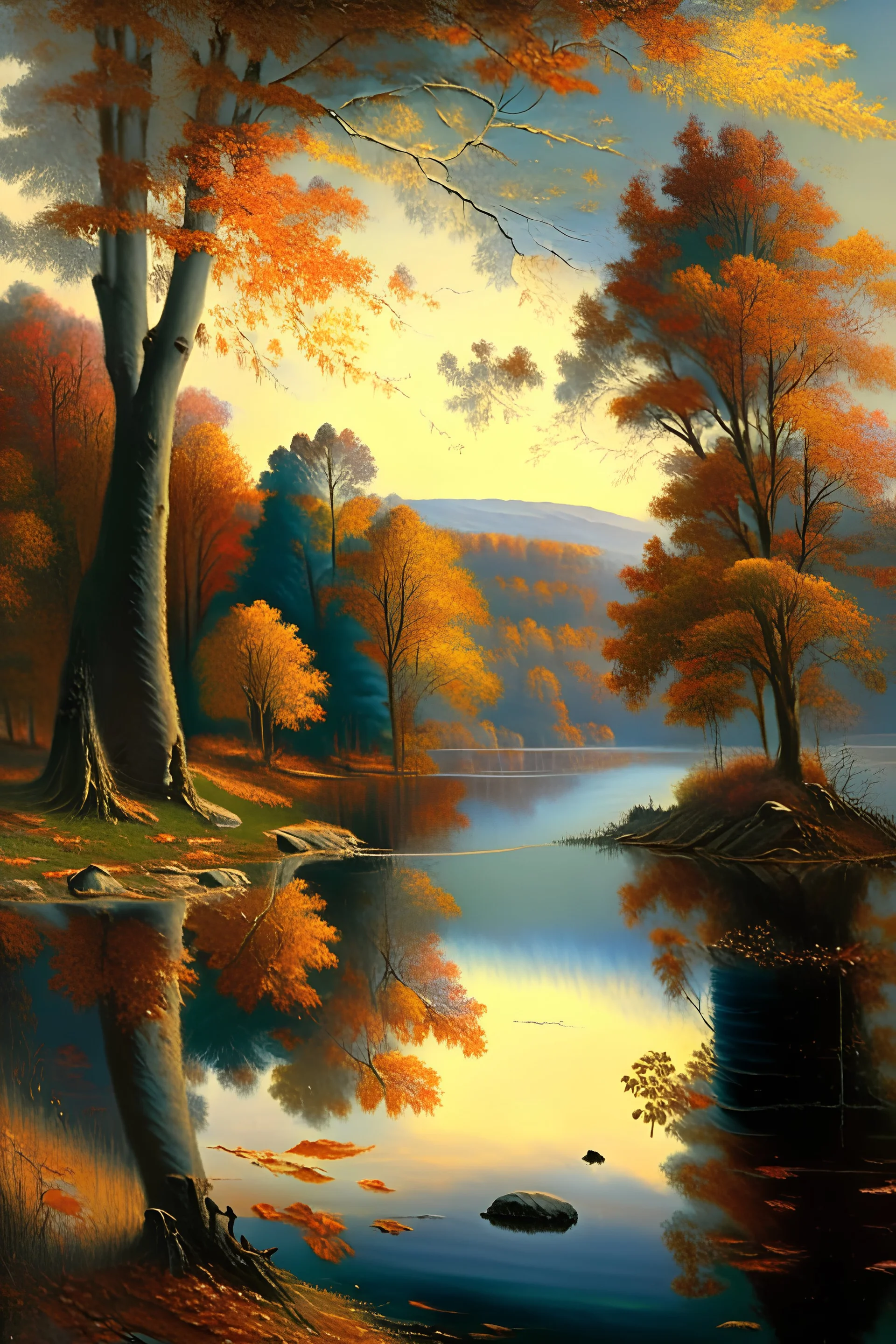 A serene autumn landscape with a reflective lake surrounded by trees with colorful fall foliage, in the style of the Hudson River School, capturing the romantic essence and fine details.