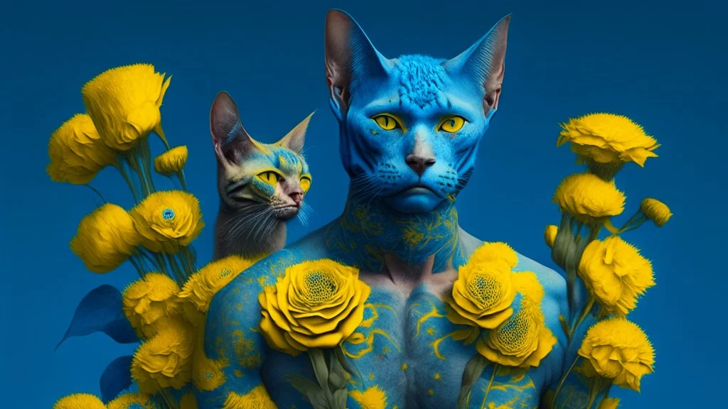 blue background, cat man, wool, fine rendering, high detail, 8K, tattoos, yellow flowers