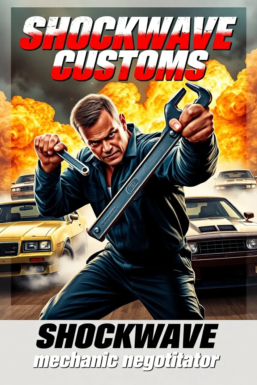 "Design a 90s-style action movie poster titled 'Shockwave Customs.' Feature a heroic mechanic in the foreground, fiercely battling thousands of adversaries with a spanner. In the background, show cars doing burnouts, creating a dynamic and intense scene. Capture the high-energy, gritty aesthetic of classic 90s action films. Prominently display the subtitle 'mechanic negotiator' in bold, impactful lettering."