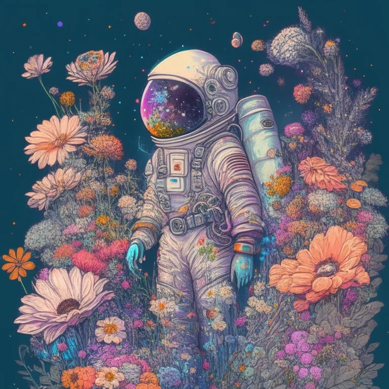 "floral astronaut" hand-drawn digital art, flowers everywhere, colorful garden, beautiful galaxy, REALISTIC, anime, 4k, high resolution, full details, 2560x1600